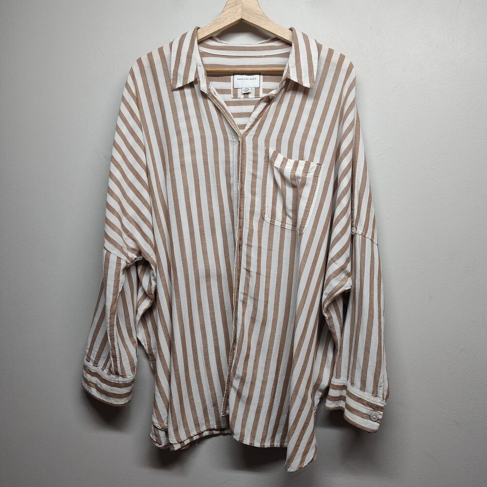 American Eagle Go Big Oversized Shirt S Tan Stripes Coastal Boho Spring Casual